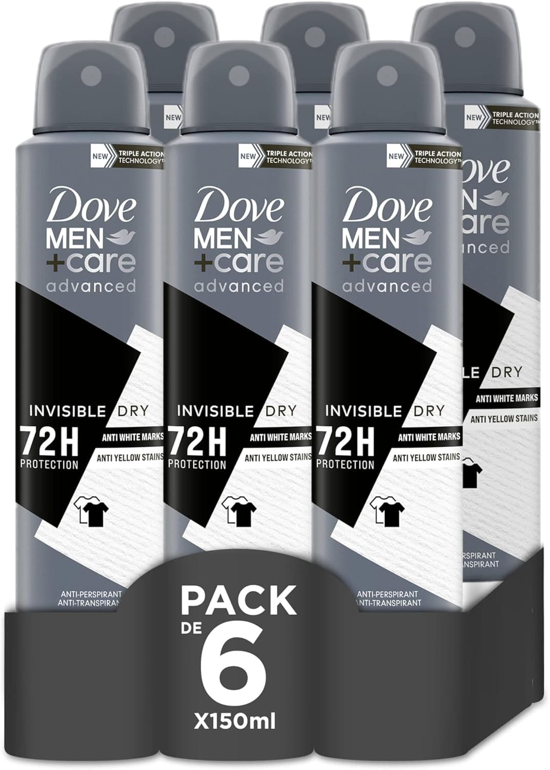 Dove Men + Care aerossol para homem invisível Dry 72 h, 150 ml x 6