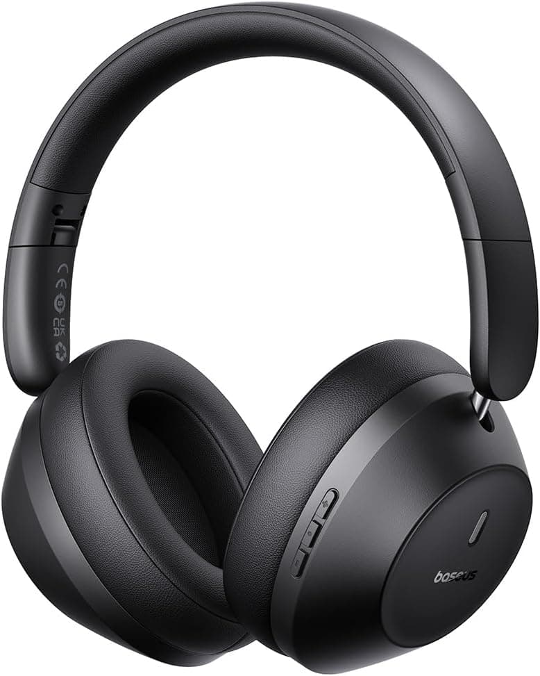 Baseus Auriculares Bluetooth sobre a orelha com graves potentes, 50 horas de autonomia, clareza de chamadas ENC, isolamento de ruído, ajuste confortável, leves e dobráveis
