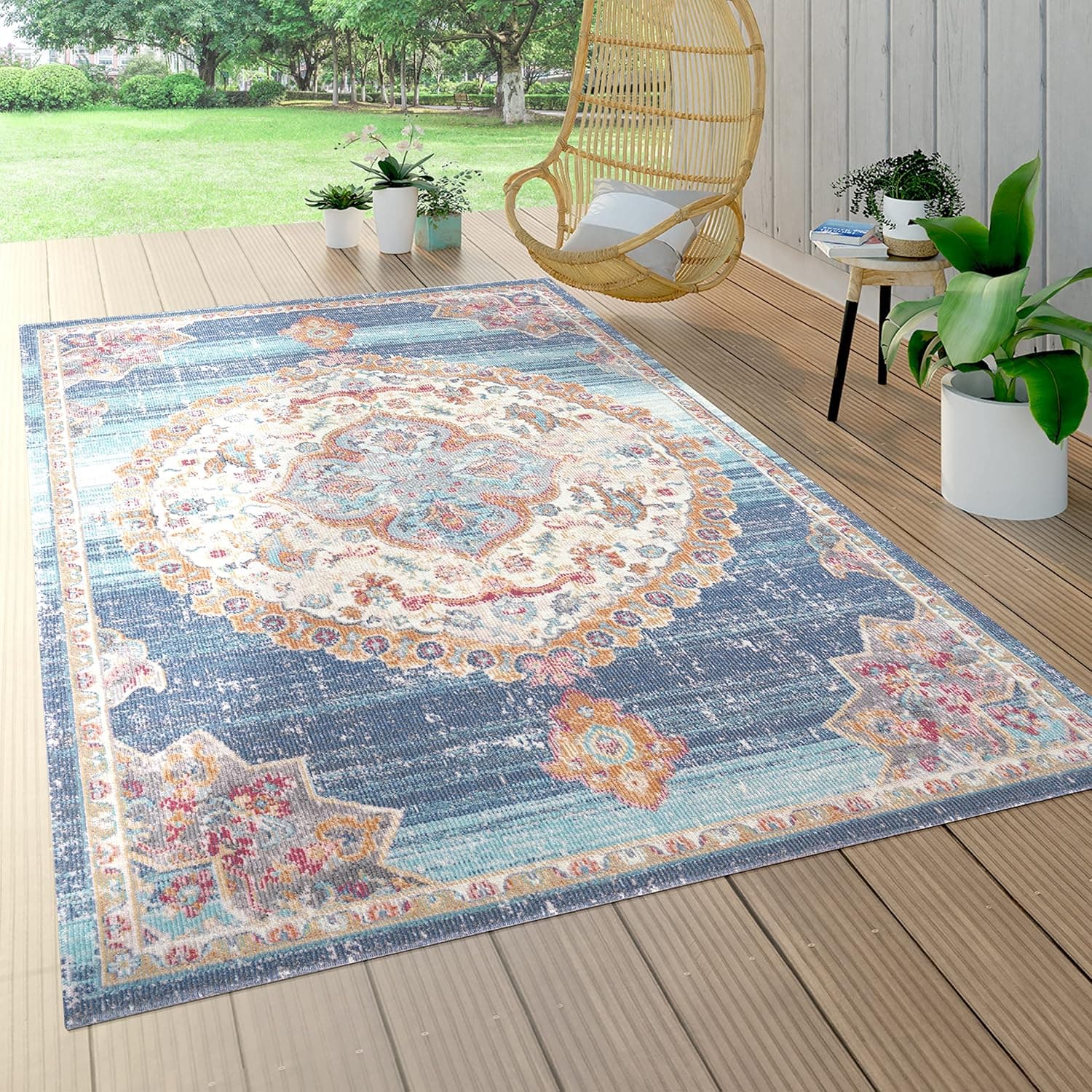 Paco Home | Tapete moderno com padrão oriental para interior e exterior azul e bege 160x230 cm