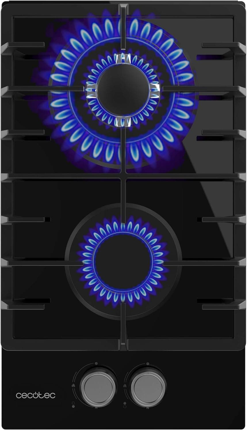 Cecotec Placa de gás butano e natural 2 fogos Bolero Squad G 2200F Glass Black. 5250W, cristal preto, grelhas completas ferro fundido, WOK coroa tripla, ignição elétrica, sistema de segurança