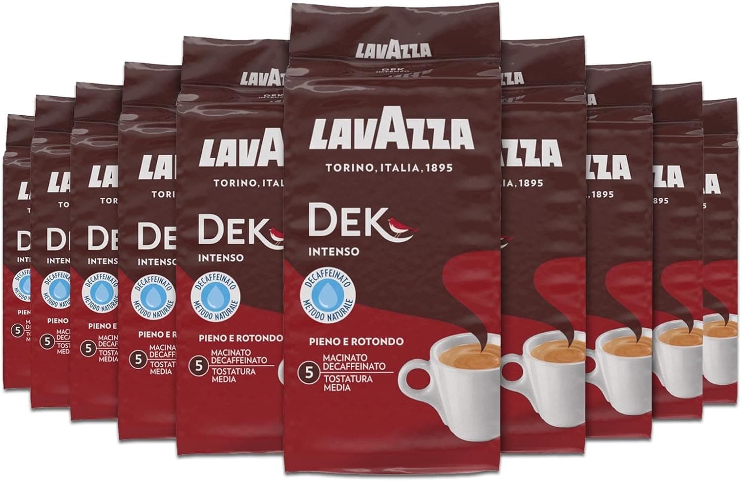 Lavazza, Dek Intenso, café moído natural, 10 x 250 g, ideal para cafeteira italiana, de filtro e francesa, com notas aromáticas de madeira e tabaco, árabe e robusta, intensidade 5/10, torrada média