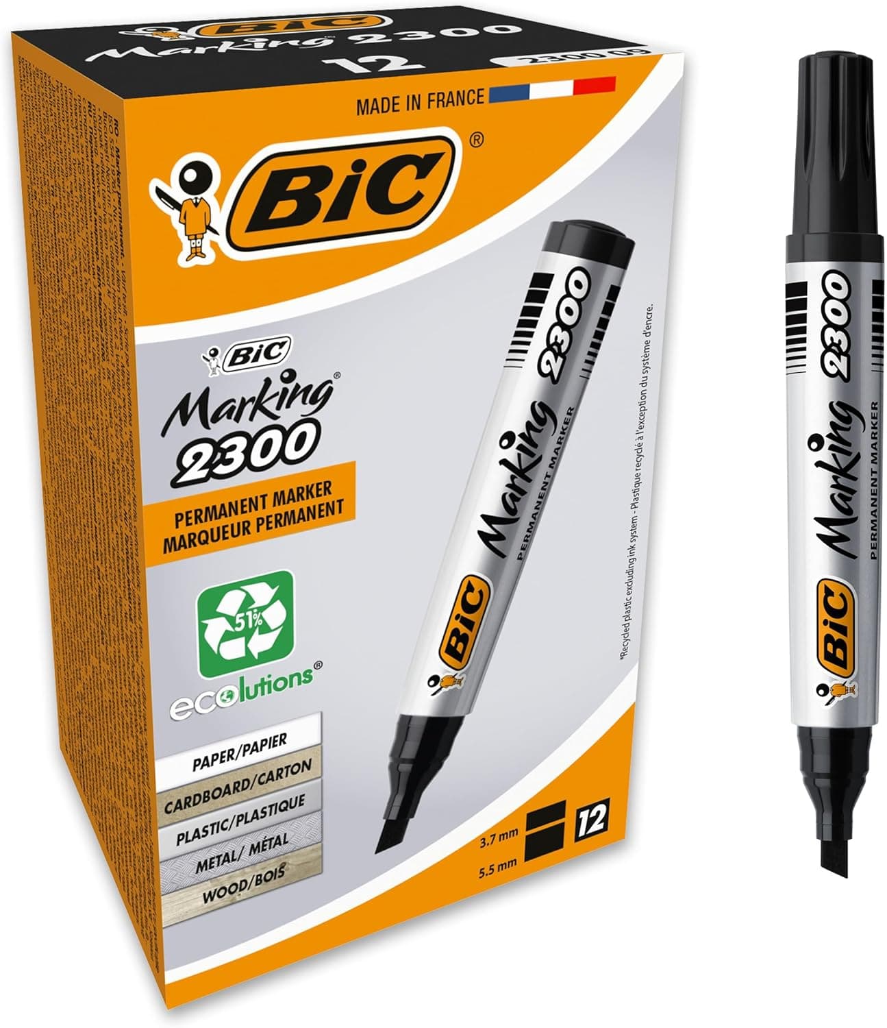 BIC Marking 2300 ECOlutions | Caixa de 12 marcadores permanentes ponta biselada média preto