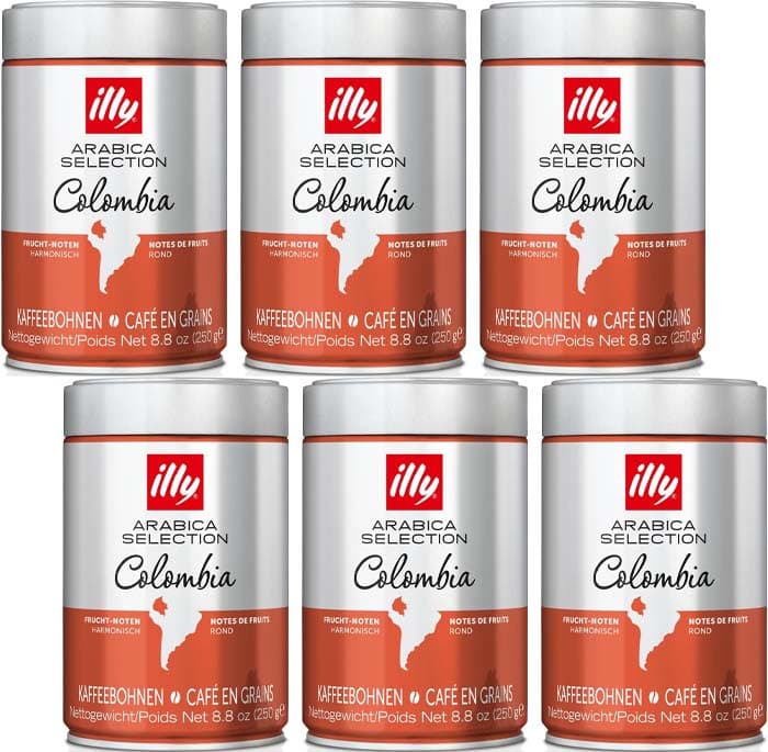 Illy Grãos de café, seleção de grãos de café arábica de luxo, Colômbia, pacote de 6 x 250 g