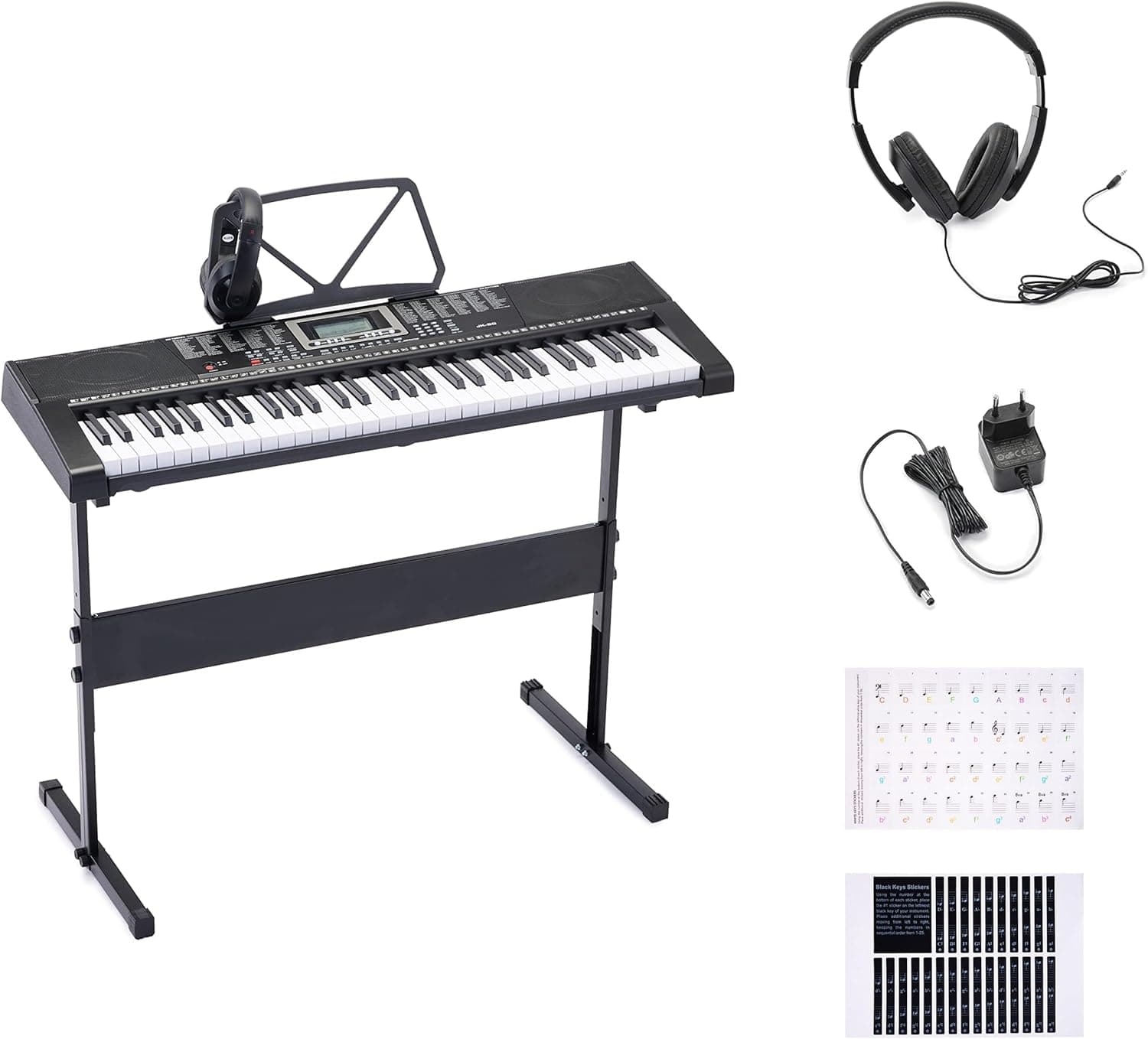 Amazon Basics | Teclado digital portátil de 61 teclas com coluna incorporada, 255 timbres e ritmos, 50 músicas de demonstração, atril e auscultadores