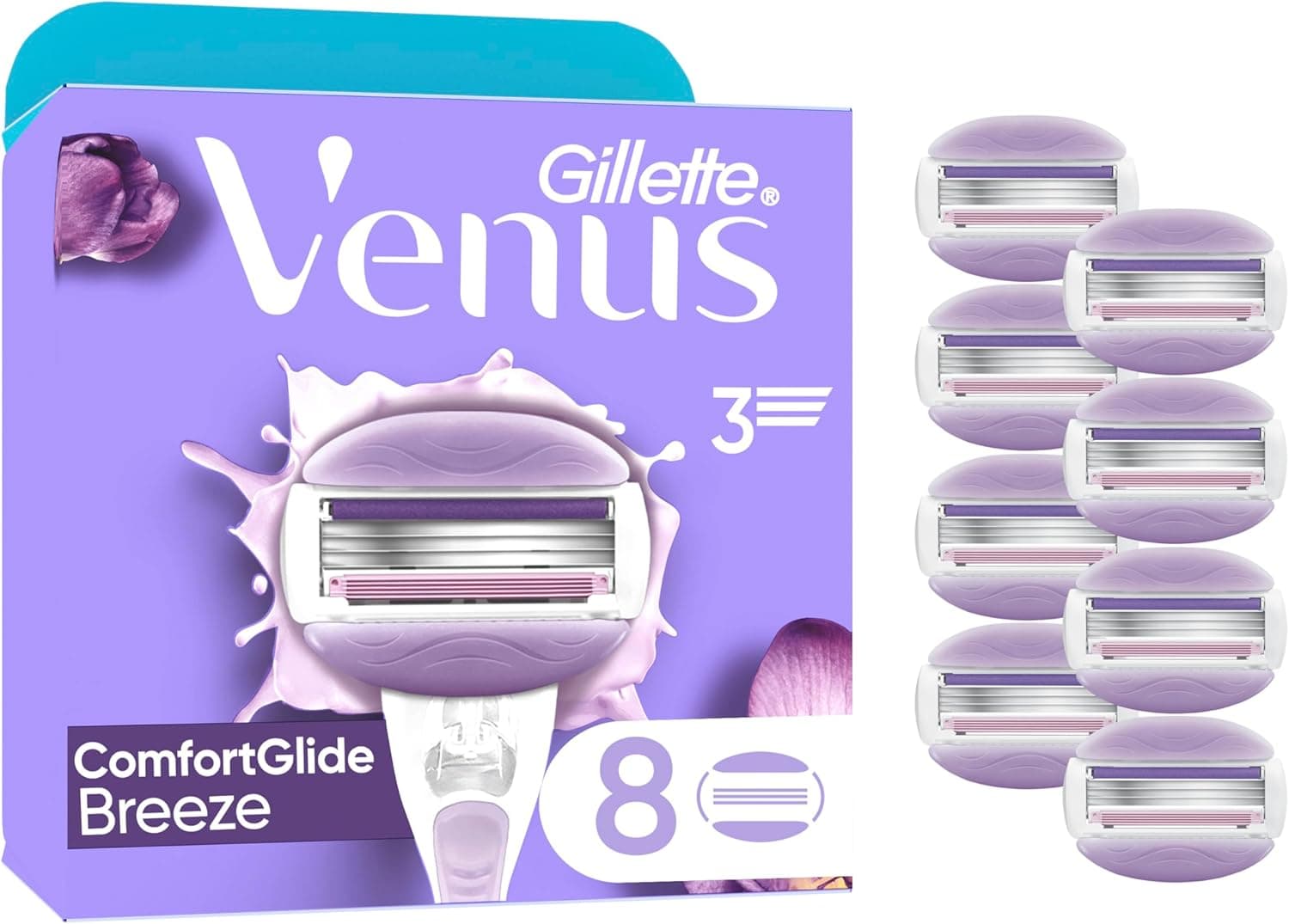 Venus Gillette ComfortGlide Breeze folhas, folhas de substituição 8 peças, cabo de metal e suporte para duche