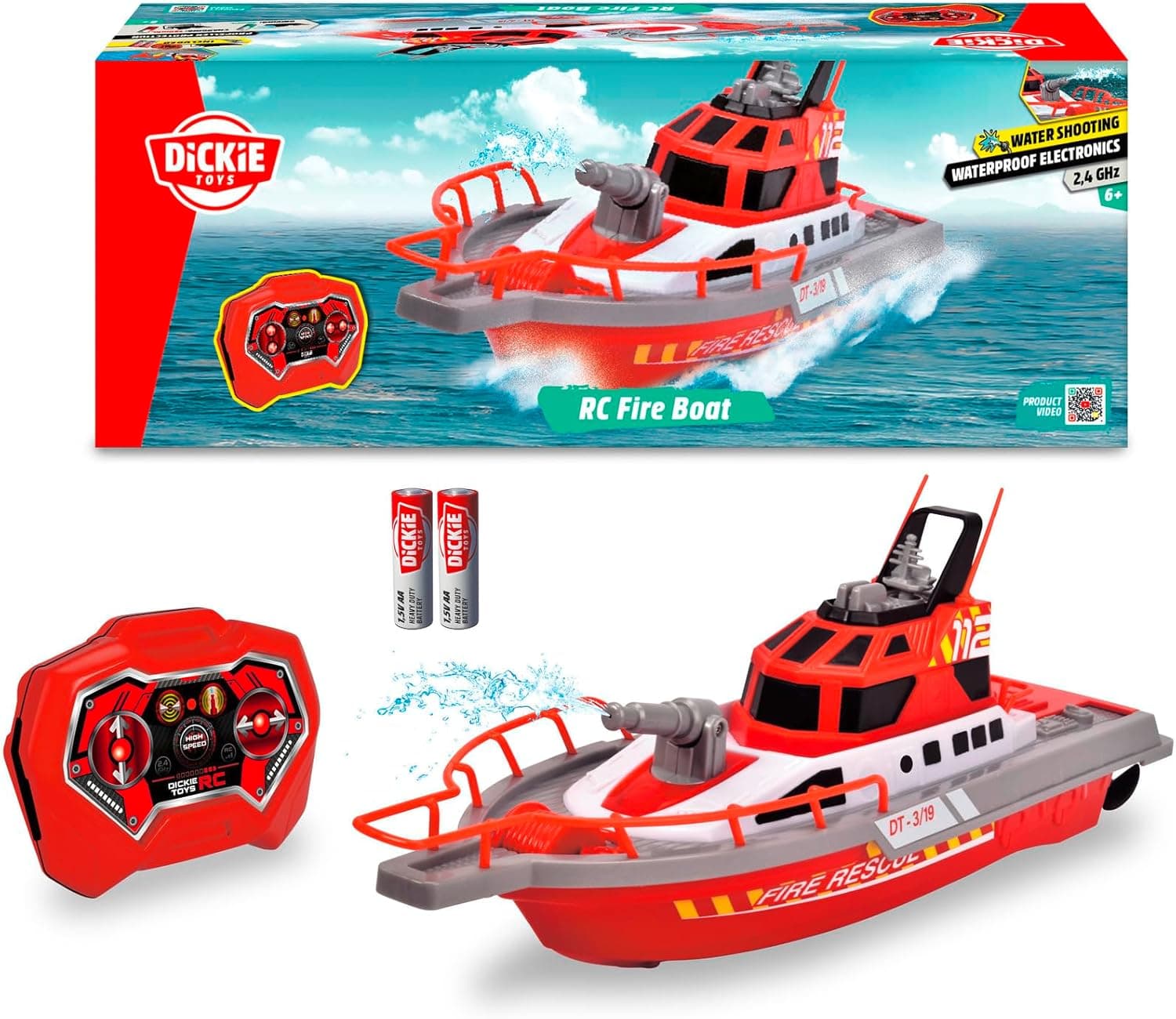 Dickie Toys Fire Boat | Barco de bombeiros telecomandado com 2 canais e carregamento USB, 38 cm