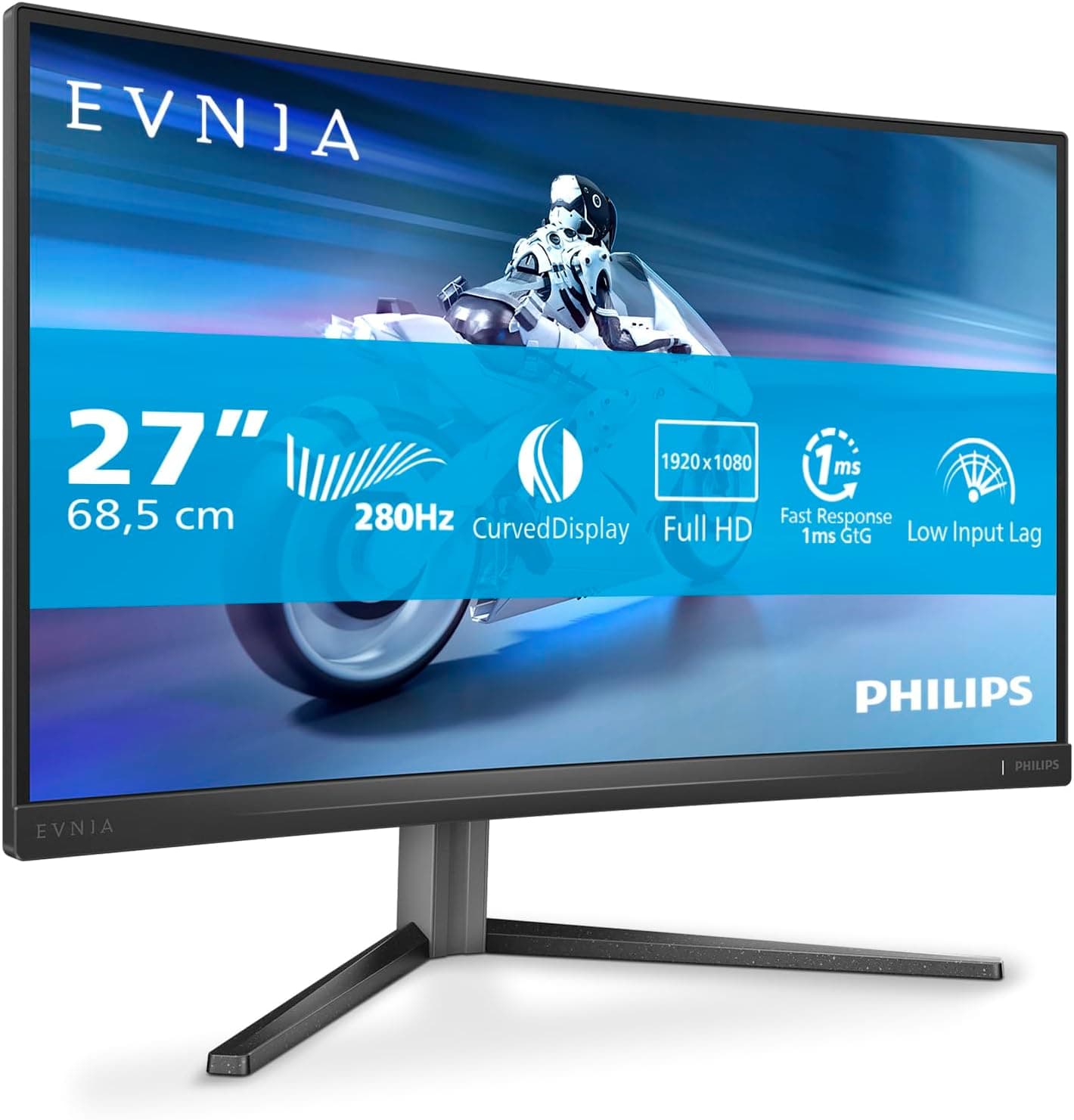 Philips Evnia 27M2C5200W, Monitor de jogo curvo FHD de 27 polegadas, 280 Hz, HDR10, 1 ms GtG, FreeSync Prem. (2560x1440, 2X HDMI 2.0, 1x DP 1.4) cinzento-escuro