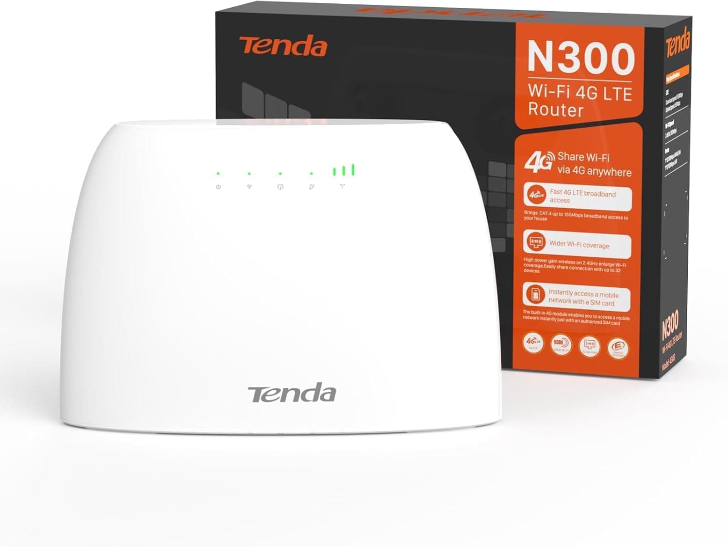 Tenda 4G03 - Router 4G SIM, LTE Cat 4, 3G/4G Router WiFi 2,4 GHz velocidade até 300 Mpbs, LAN/WAN Ethernet Port, VPN, IPv6, Mini SIM, 4 x antena incorporada, monitorização do tráfego de dados Tamanho
