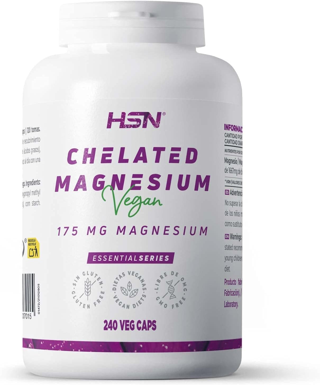HSN Bisglicinato de magnésio (350 mg magnésio elemental), 240 cápsulas vegan, 100% magnésio glicinato de alta biodisponibilidade e absorção, não-OGM, vegano, sem glúten