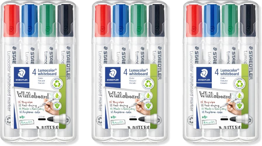 Staedtler Lumocolor 351 | Marcadores para quadro branco recarregáveis sem odor pack de 4 cores x 3