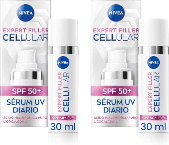 Nivea Expert Filler Cellular Serum fluido UV diário, soro facial anti-idade com ácido hialurónico e soro facial com proteção solar 50 +, para uma pele jovem, 30 ml x 2