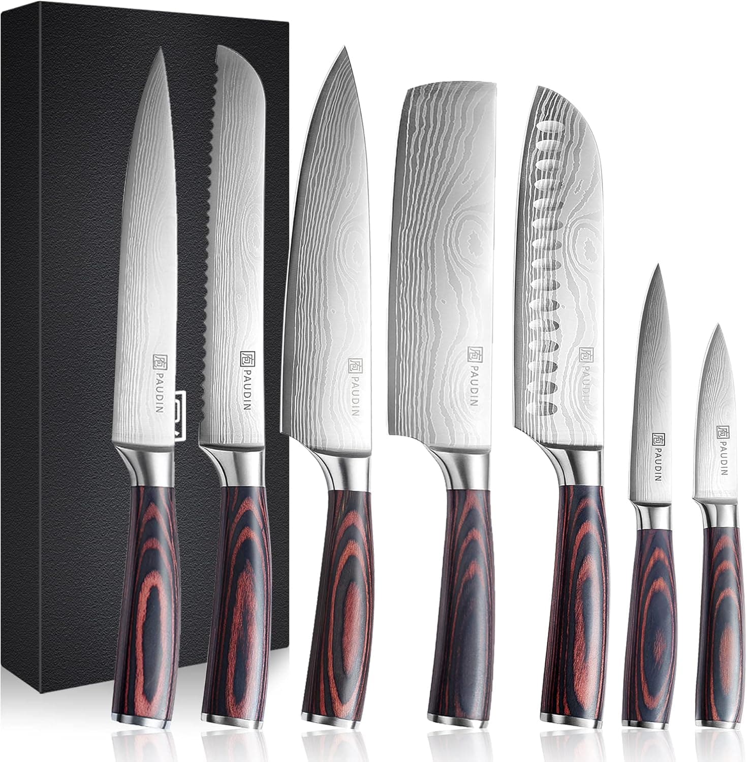 PAUDIN Conjunto de facas de cozinha profissional, conjunto de 7 facas japonesas, aço inoxidável, facas Chef Santoku universal para cortar carne legumes pão queijo