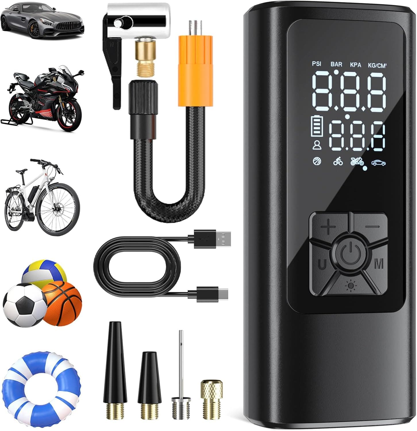 HOVVIDA Compressor de ar portátil, insuflador de rodas de carro 150 PSI (10,3 bar) 5 V, compressor de ar carro bicicleta, bateria recarregável, com LED, para carro, motociclo, bicicleta, bola