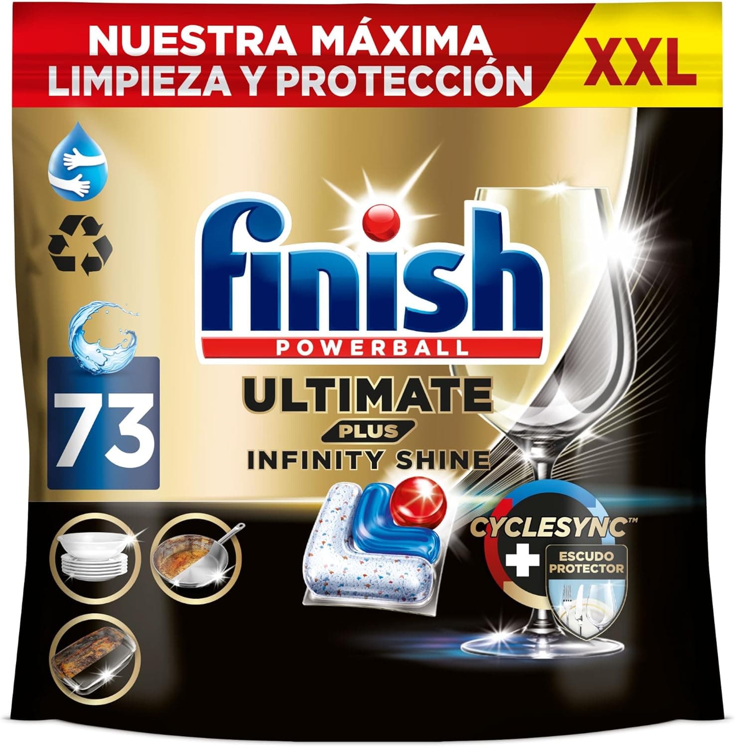 Finish Ultimate Plus Infinity Shine, pastilhas para máquina de lavar louça, limpeza intensiva, brilho diamante proteção louça, 73 pastilhas