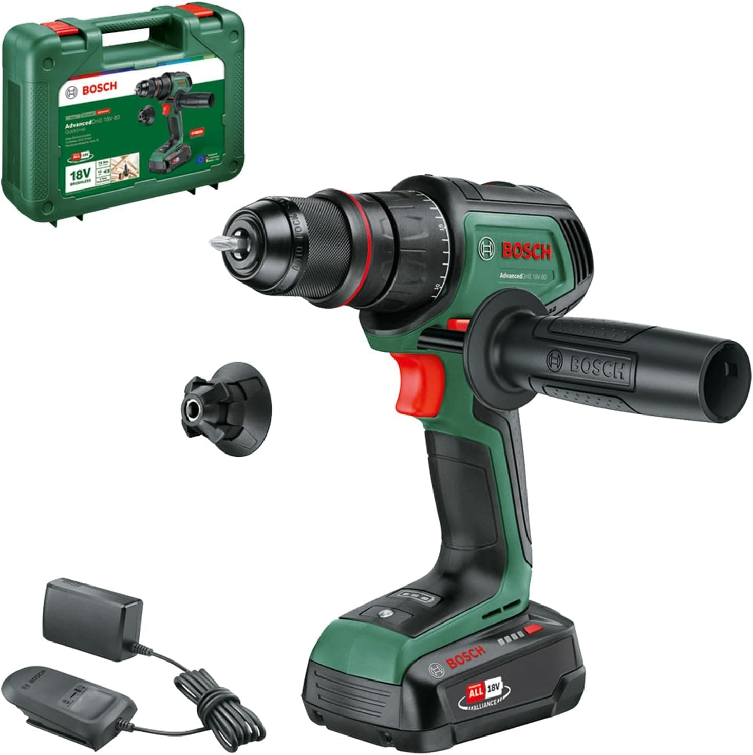 Bosch Berbequim/aparafusadora com bateria AdvancedDrill 18 V - 80 (perfuração/aparafusada; sist. 18 V; 78 Nm; porta-brocas de 13 mm; caperuza magn. ; punho adic. ; com bateria e carregador)