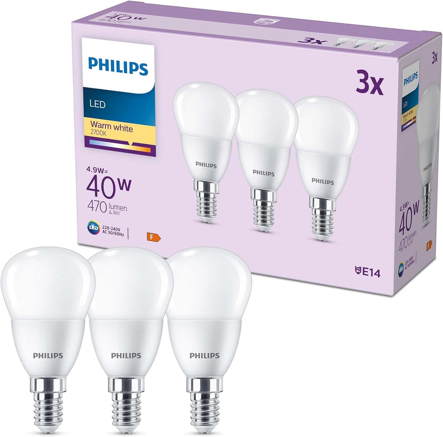 Philips Lâmpada LED esférica, 4,9 W (Eq. 40W) 470 lúmenes, casquilho E14, luz branca quente (2700k) - pack de 3 lâmpadas