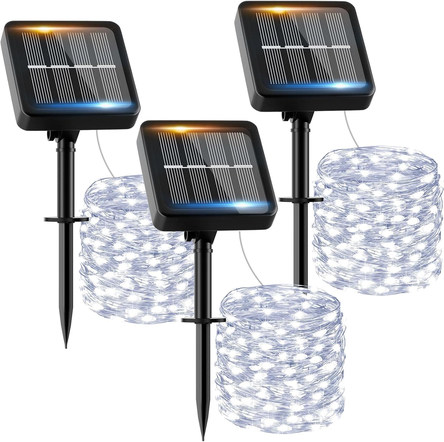 Guirlanda de luzes exteriores solares, 3 x 12 m, 120 LED grinaldas de luzes solares exterior branco frio IP65 impermeável 8 modos luzes solares LED exterior interior jardim terraço casamentos festas