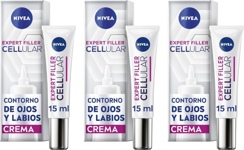NIVEA Cellular Expert Filler | Creme de contorno de olhos e lábios antirrugas com ácido hialurónico e ácido fólico, 15 ml x 3