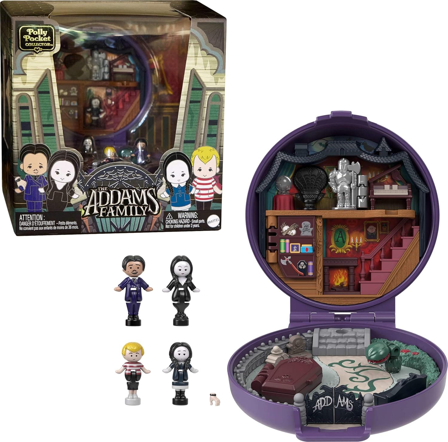 Polly Pocket Estojo da família addams com 4 mini bonecos, a figura de coisas e 10 acessórios, brinquedo para colecionadores inspirado no filme, 4 anos (HXW25)