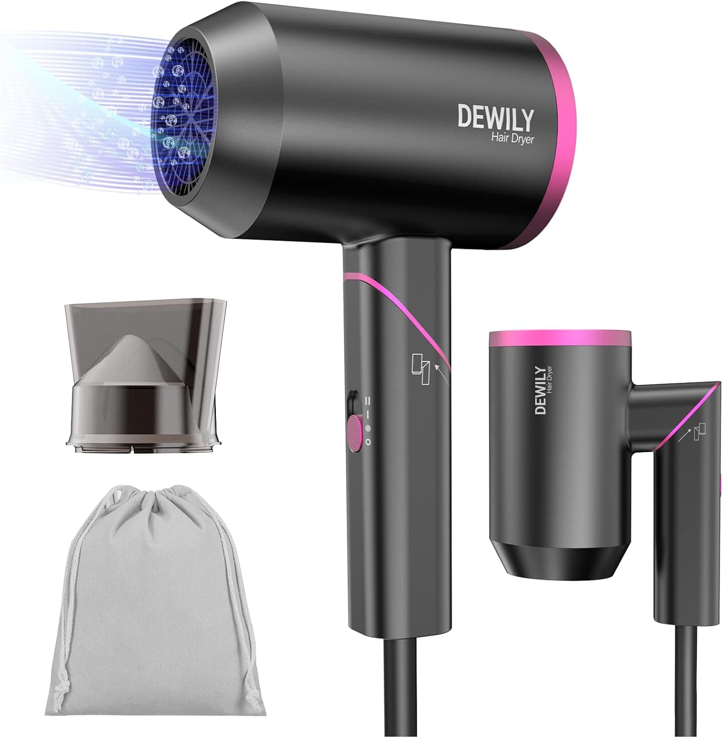 DEWILY Secador de cabelo de viagem profissional potente, secador de cabelo iónico de 1800 W, 3 temperaturas, secador de cabelo dobrável pequeno com concentrador e saco, Hair Dryer