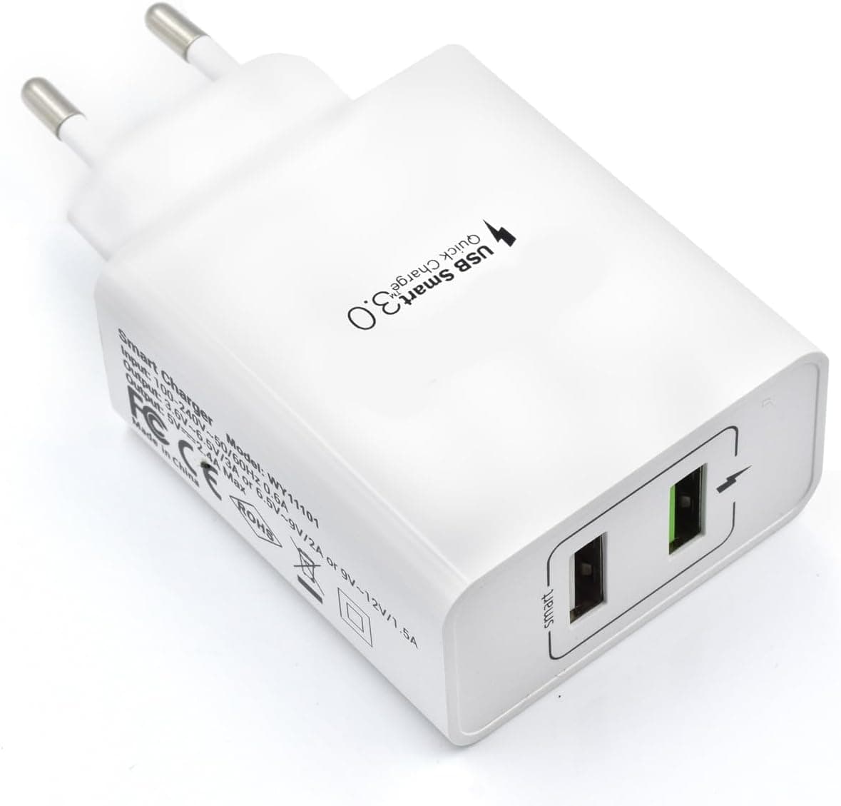 Carregador duplo USB A, tomada de parede com carregamento rápido, 30W