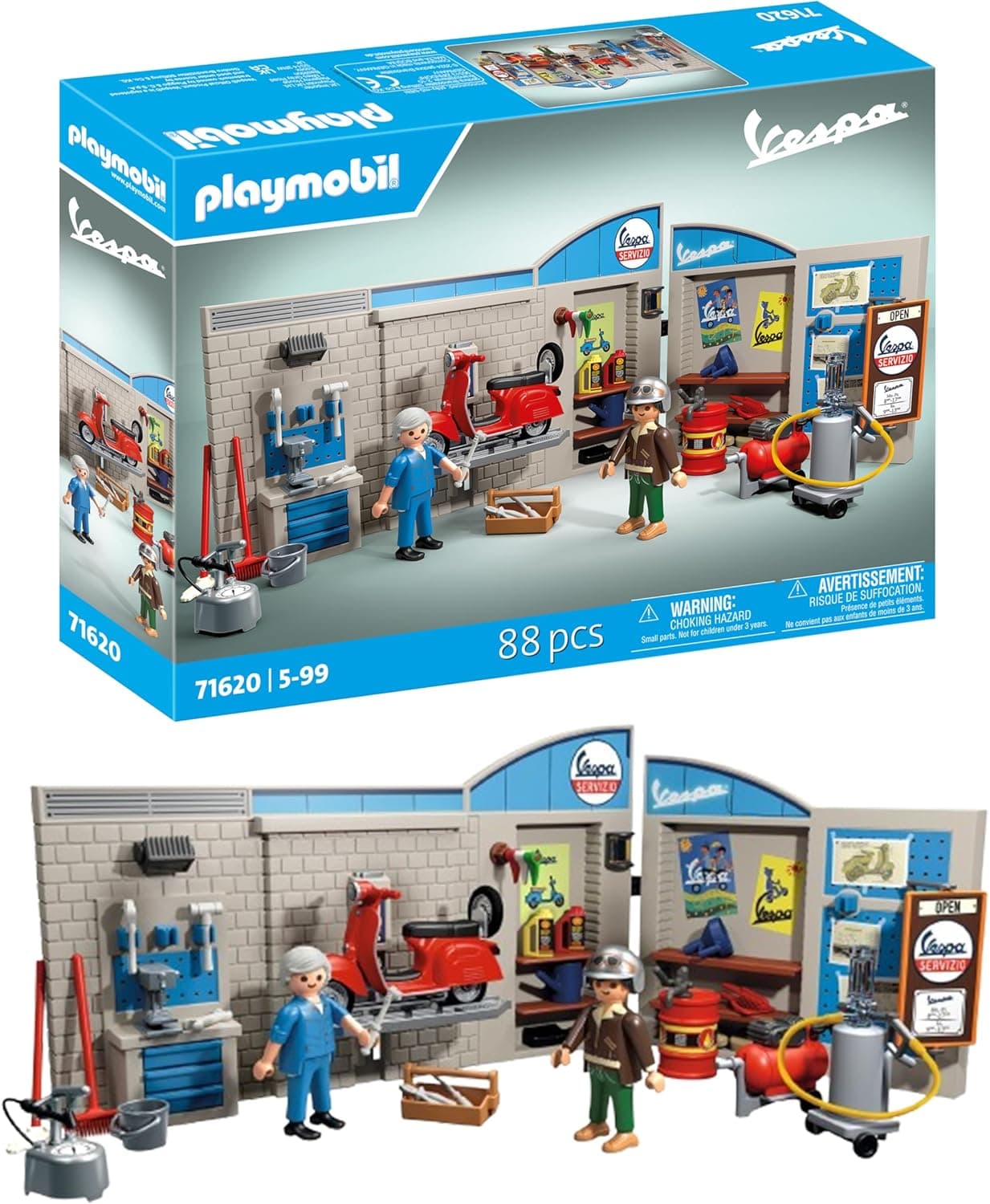 PLAYMOBIL Cars 71620 Workshop Vespa anos 60, inclui plataforma de elevação móvel, com acessórios versáteis para uma oficina autêntica, para entusiastas de veículos, meninos, meninas e adultos