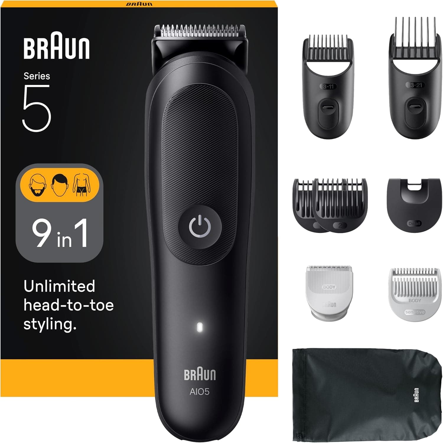 Braun - Corta-pelos tudo em um série 5, 9 em 1, folha ultra afiada, 120 minutos de autonomia, proteção SkinGuard para o corpo, corte preciso e eficiente, alça AquaGrip prática debaixo de água,