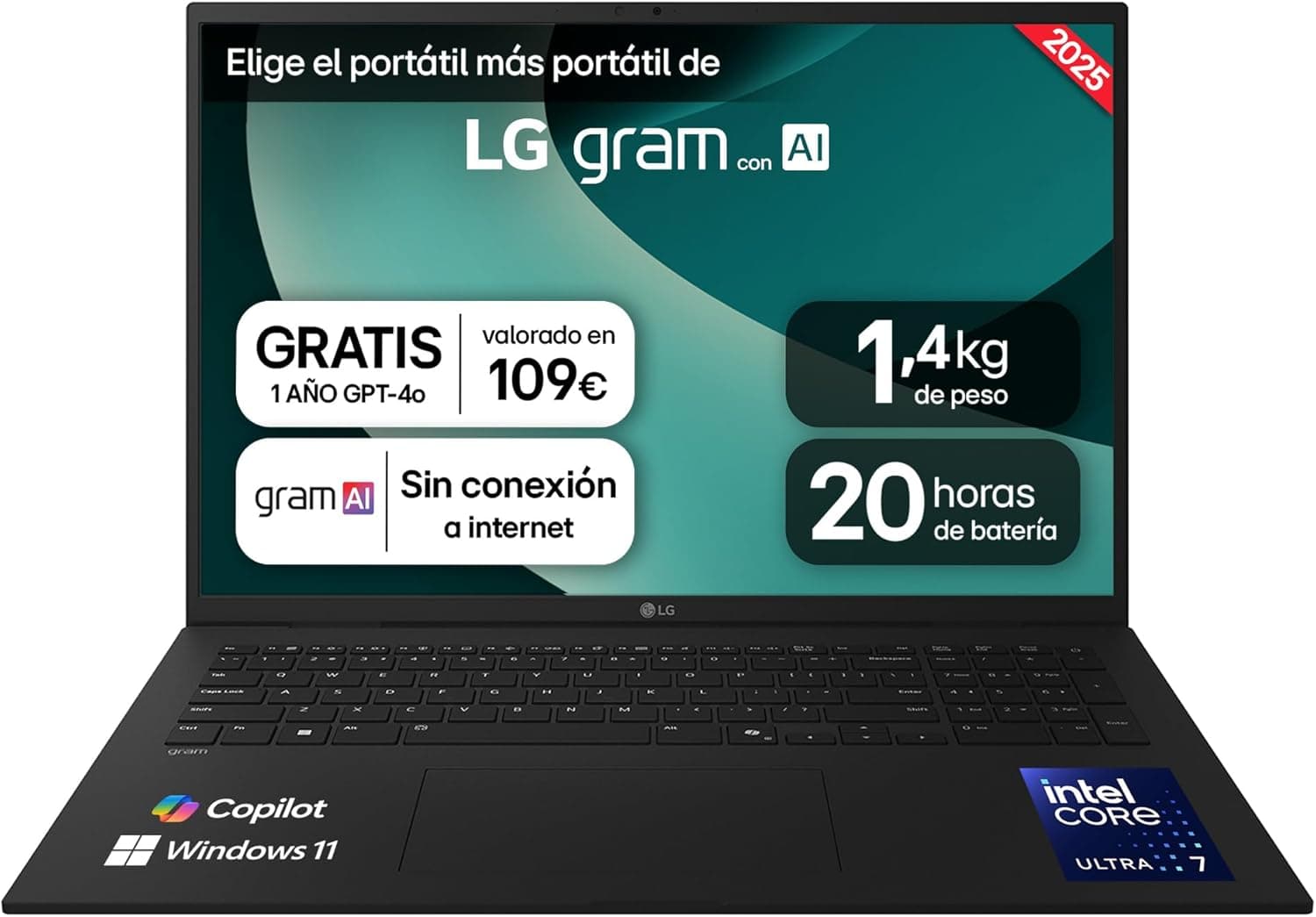 LG gram 17Z90T-G.AD88B portátil de 17 polegadas, WQXGA IPS, Intel Core Ultra7, 32 GB RAM, 1 TB SSD, 1,350 g, antirreflexo, bateria até 20 h, Windows 11, preto