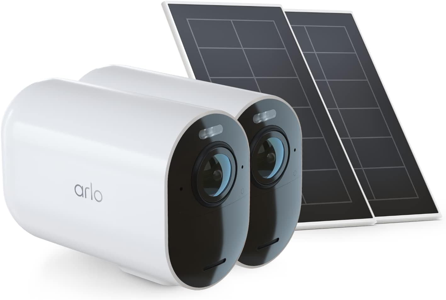 Arlo Ultra 2 XL, 2 câmaras de vigilância 4k com 3 painéis solares, visão noturna colorida, bateria de 12 meses, farol e alarme integrados, 90 dias seguros incluídos