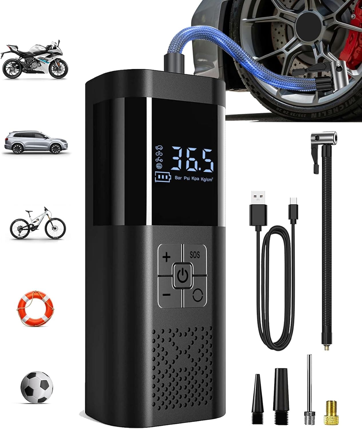 SERVOMASTER Portable Air Compressor | Compressor de ar portátil 150PSI com manómetro e luz LED para automóvel, mota e bicicleta
