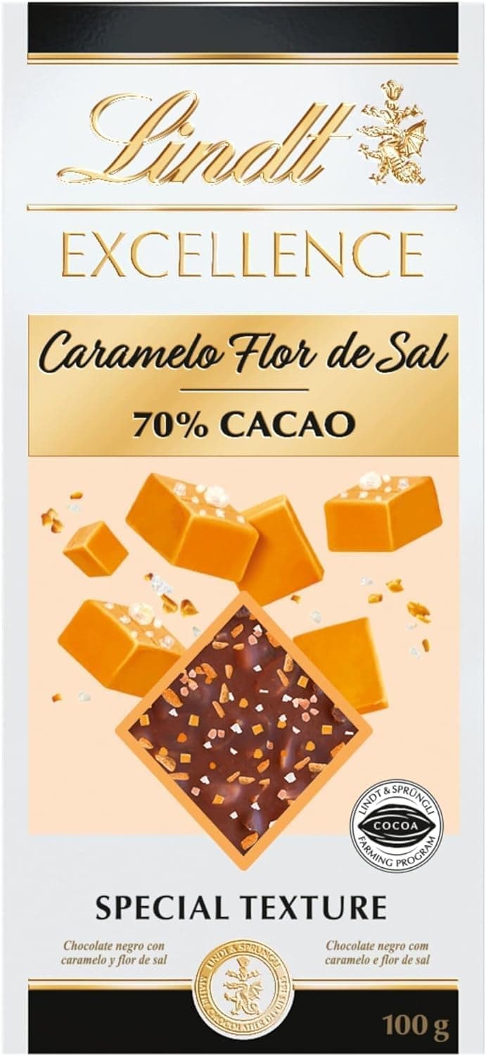 Lindt Chocolate EXCELLENCE PASSION CARAMELO SAL chocolate preto com sal e caramelo, tablet de chocolate puro, chocolate escuro a 70%, aromático, extrafino, cacau com toque a sal