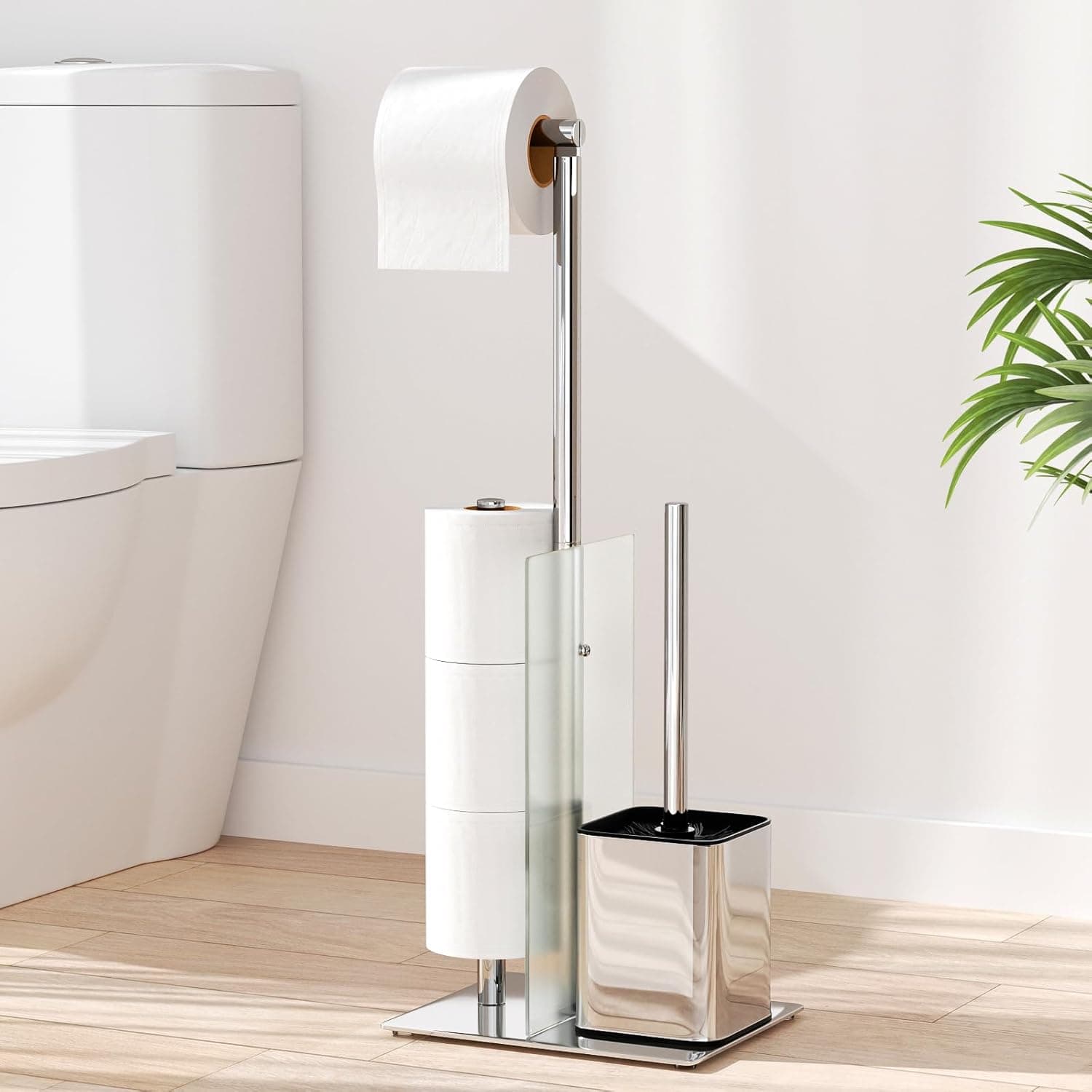 Suporte para rolos de papel higiénico de pé de aço inoxidável, suporte para papel higiénico e escova, sem necessidade de furar, escova e suporte de rolo de papel higiénico (prata)