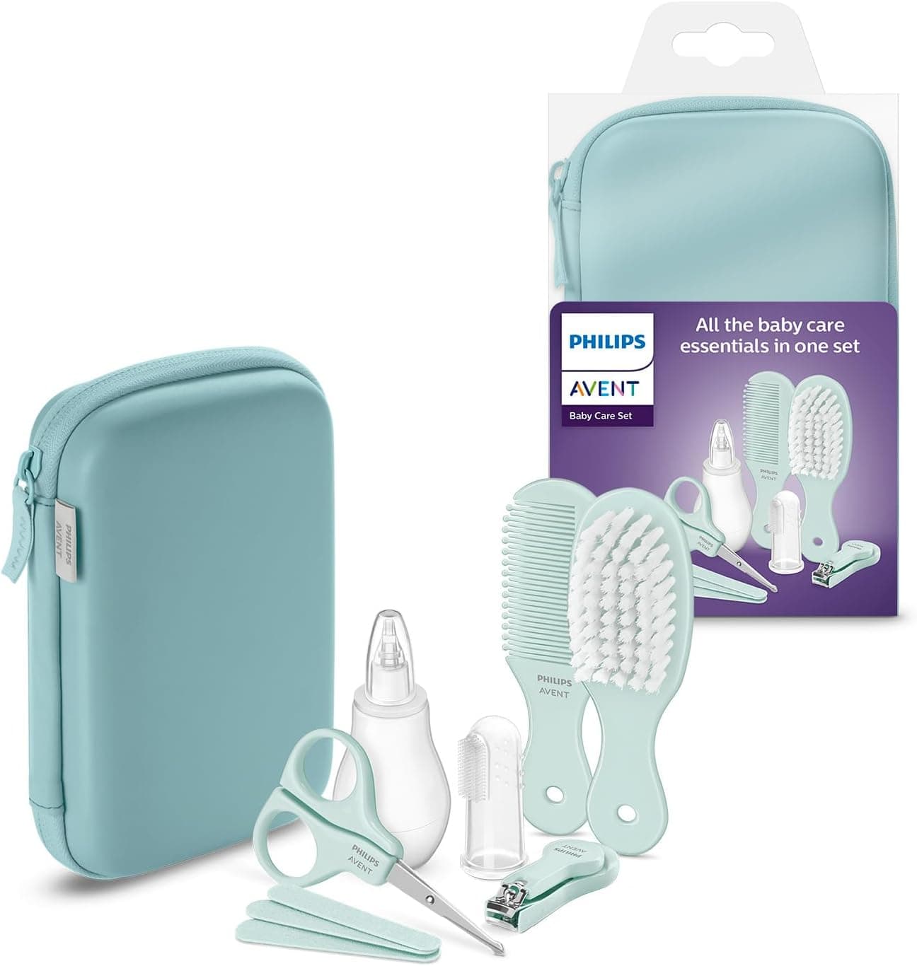 Philips Avent Baby Care Set: Conjunto básico para o cuidado do bebé com 9 acessórios; corta-unhas, tesouras, 3 limas de unhas, pente, escova, aspirador nasal e escova de dentes dedal 