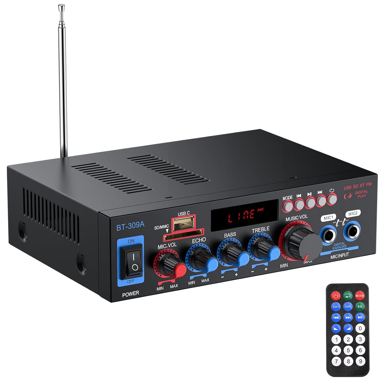 PROZOR Amplificador de áudio 800 W HiFi estéreo Bluetooth 5.0 som digital rádio FM cartão TF SD dois microfones para automóveis casa