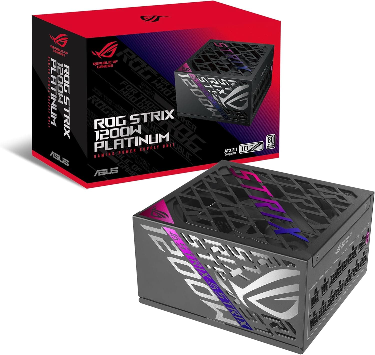 ASUS ROG Strix 1200 W Platinum Fonte de alimentação totalmente modular, 80 Plus Platinum, ATX 3.1, GAN MOSFET, GPU-First Intelligent Voltage Stabilizer, cobertura de 10 anos