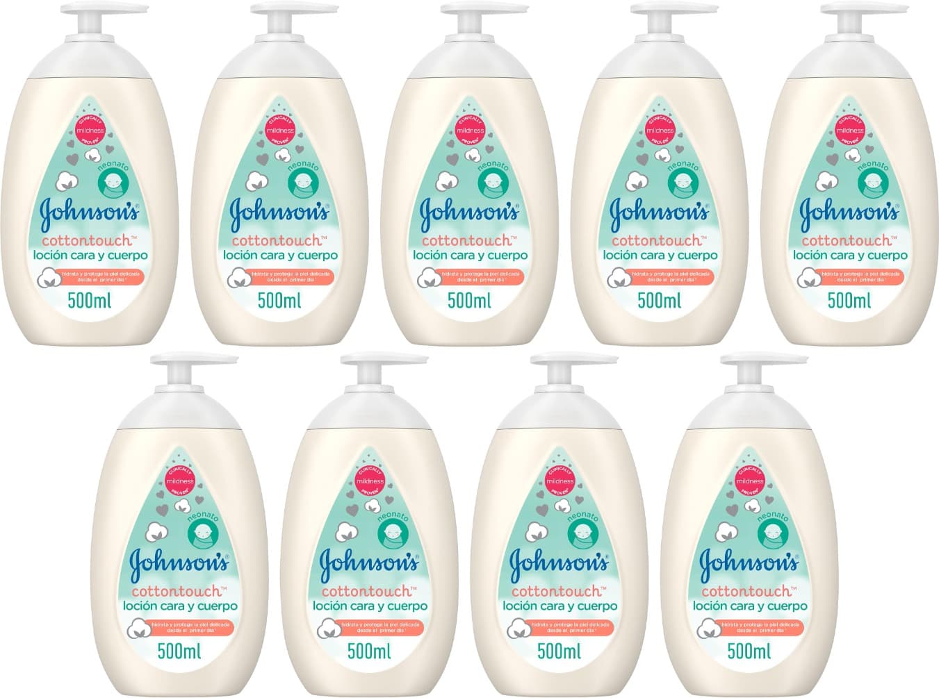Johnson's Baby CottonTouch Face & Body Lotion, creme hidratante corporal e facial para bebés recém-nascidos, 500 ml x 9