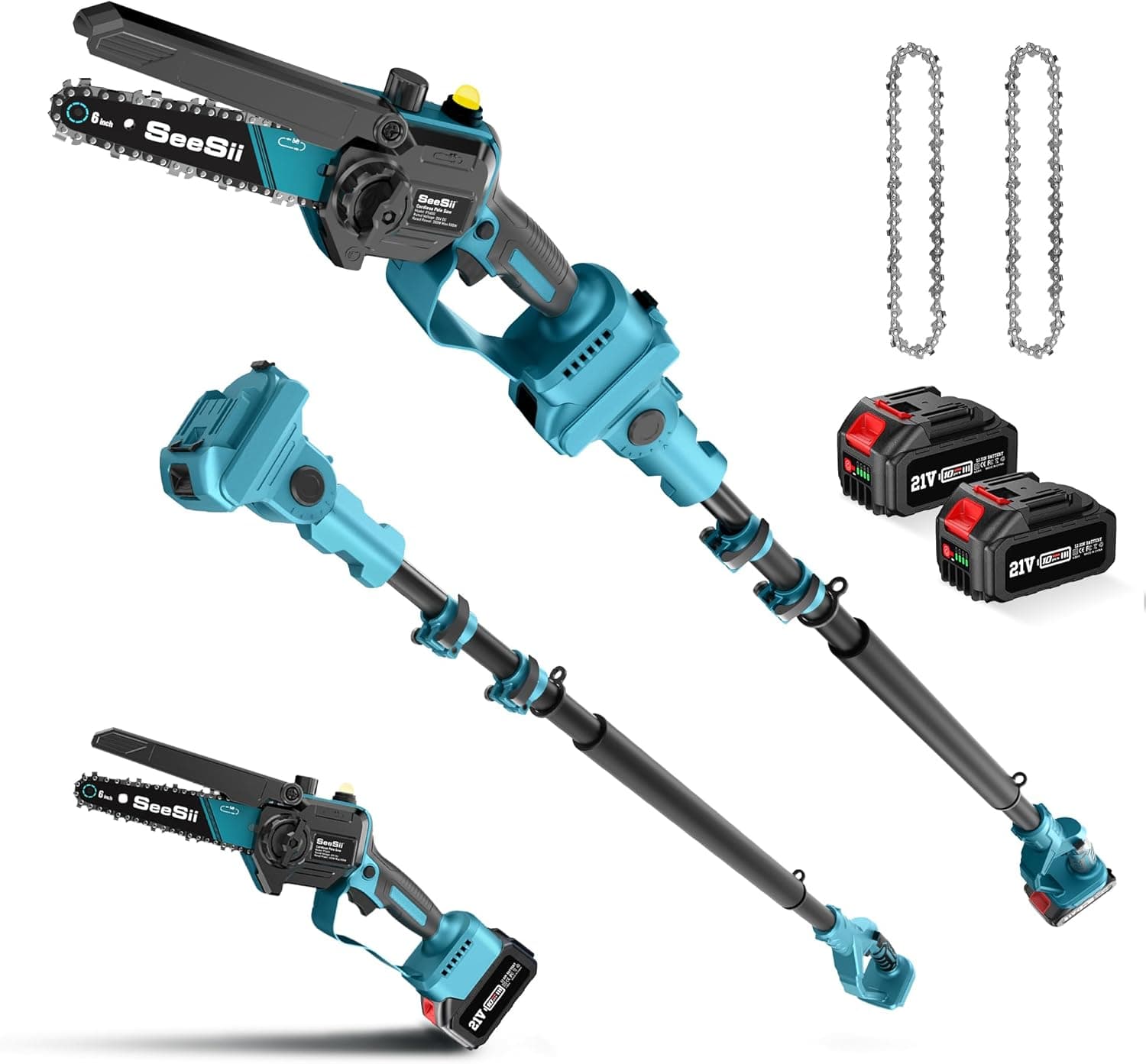 6" Mini Motosserra, Seesii 2 em 1 - Motocicleta Telescópica e Elétrica com Podadora Telescópica [Depósito de Óleo de 30 ml] [Motor Brushless] [2 Baterias de 4,0 Ah] [2 Correntes] [Pólo Telescópico com Extensão até 2 Metros].