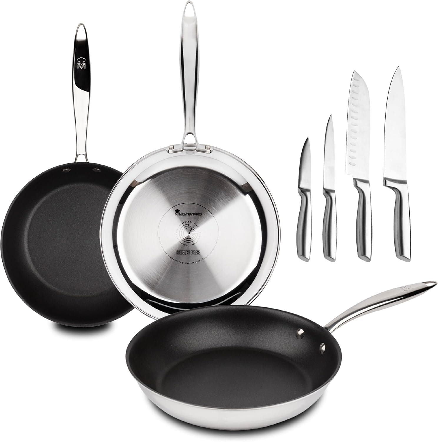 MasterPro Argent 3 - Conjunto de frigideiras e facas - três resistentes frigideiras de aço inoxidável de 28,24 e 20 cm, conjunto de 4 facas de aço inoxidável, acabamento fosco e aderência segura