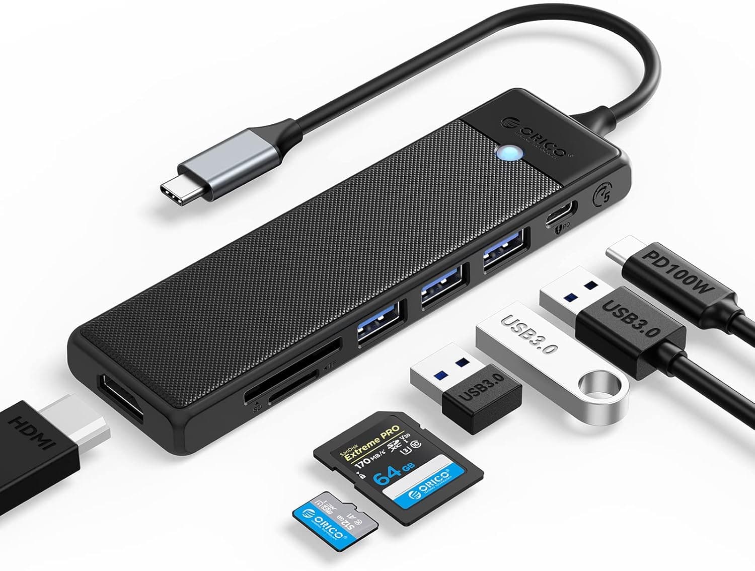 ORICO USB C hub, 7 em 1 adaptador Docking Station USB C, com PD100w, 4K@30Hz Hdmi, leitor de cartões SD/TF, porta de dados 3 x usb a 5 gbps para MacBook m1, iPad Pro, Surface Pro, etc