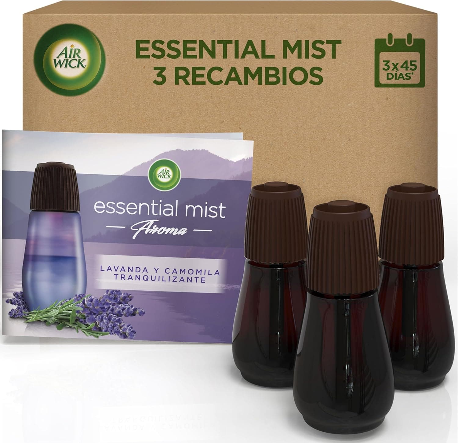 Air Wick Essential Mist - Recarga de ambiente difusor de óleos essenciais com aroma de lavanda e camomila, multicolorido, 3 x 20 ml