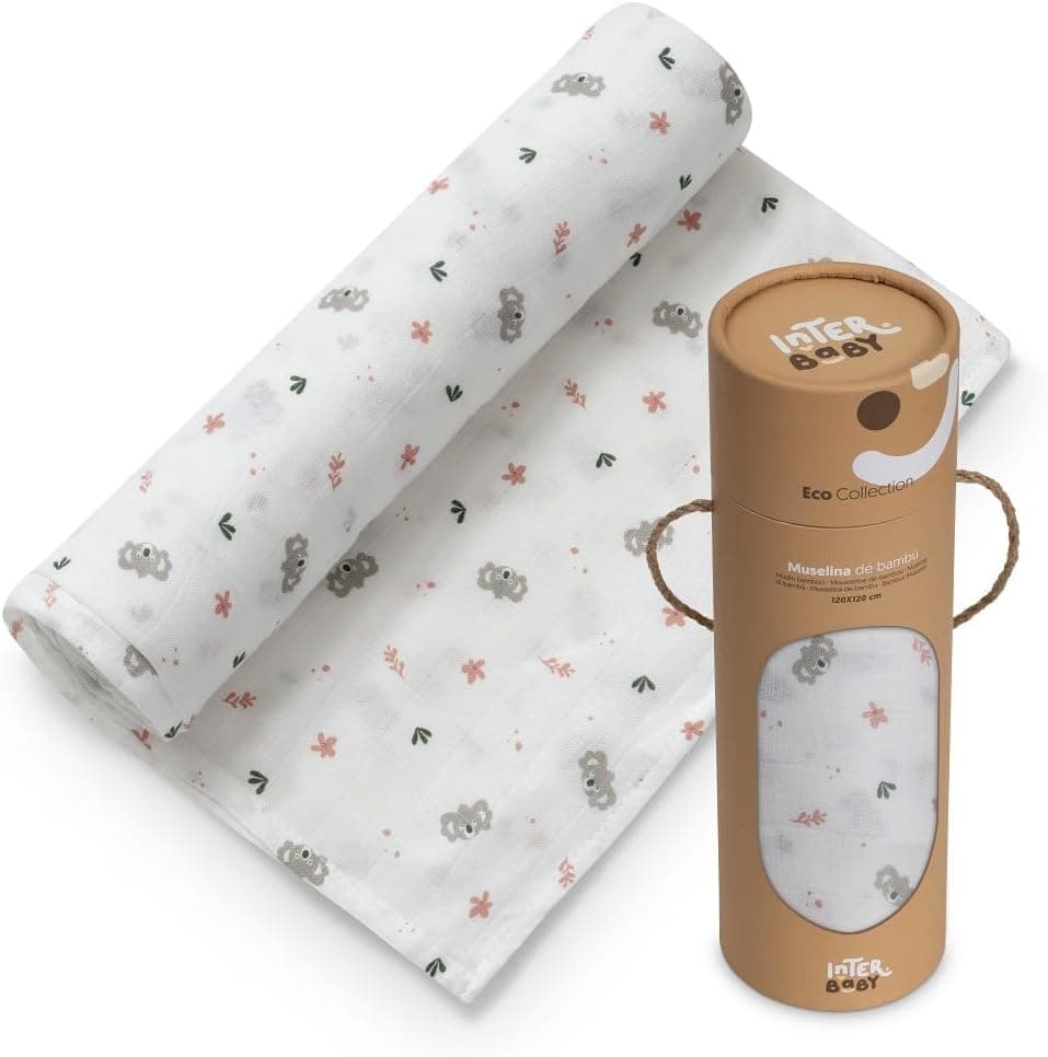 Interbaby Muselina Bambu para bebé, 120 x 120 cm, gaze para bebés recém-nascidos, leitura, toalha de mesa, manta, confortável, suave, respirável | design Koala rosa