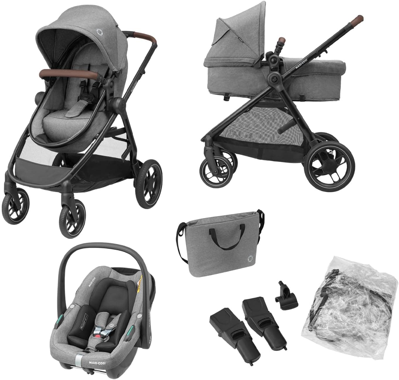 Maxi-Cosi Zelia S Trio carrinho de bebé 3 peças, 0 - 4 anos, até 22 kg, dobrável, compacto e reclinável, com abrioFix S i-Size cadeira carro bebé, acessórios, bolsa trocador, cinzento