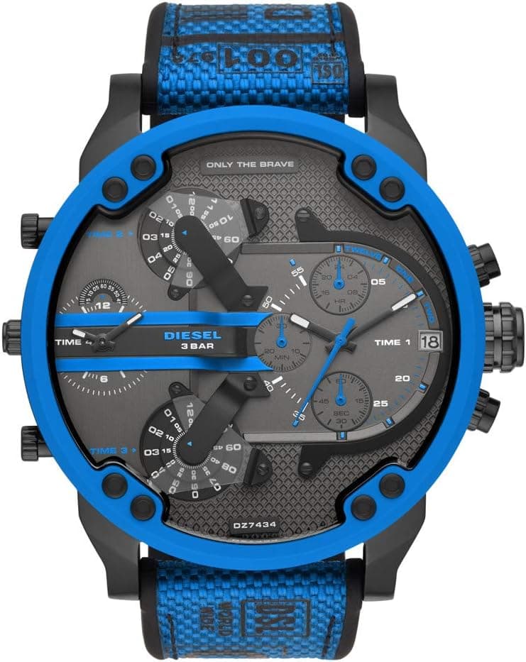 Diesel Mr. Daddy Relógio para homem, movimento multifuncional com correia de silicone, aço inoxidável ou pele