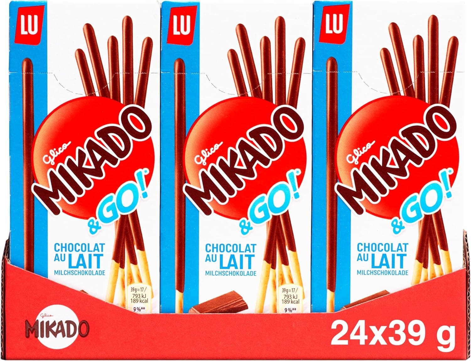 Mikado & Go!, Palitos de bolachas crocantes de chocolate com leite, embalagem de 24 x 39 g