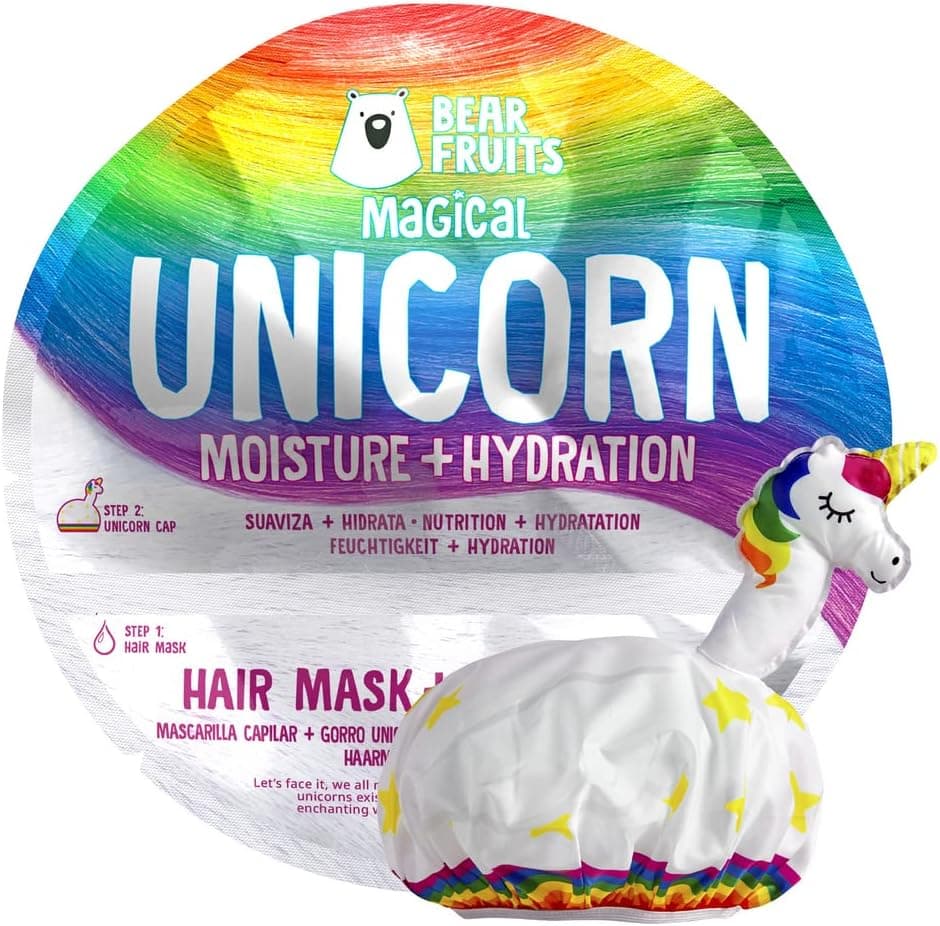 Máscara mágica hidratante para o cabelo com touca de banho de unicórnio de Bear Fruits, 20 ml
