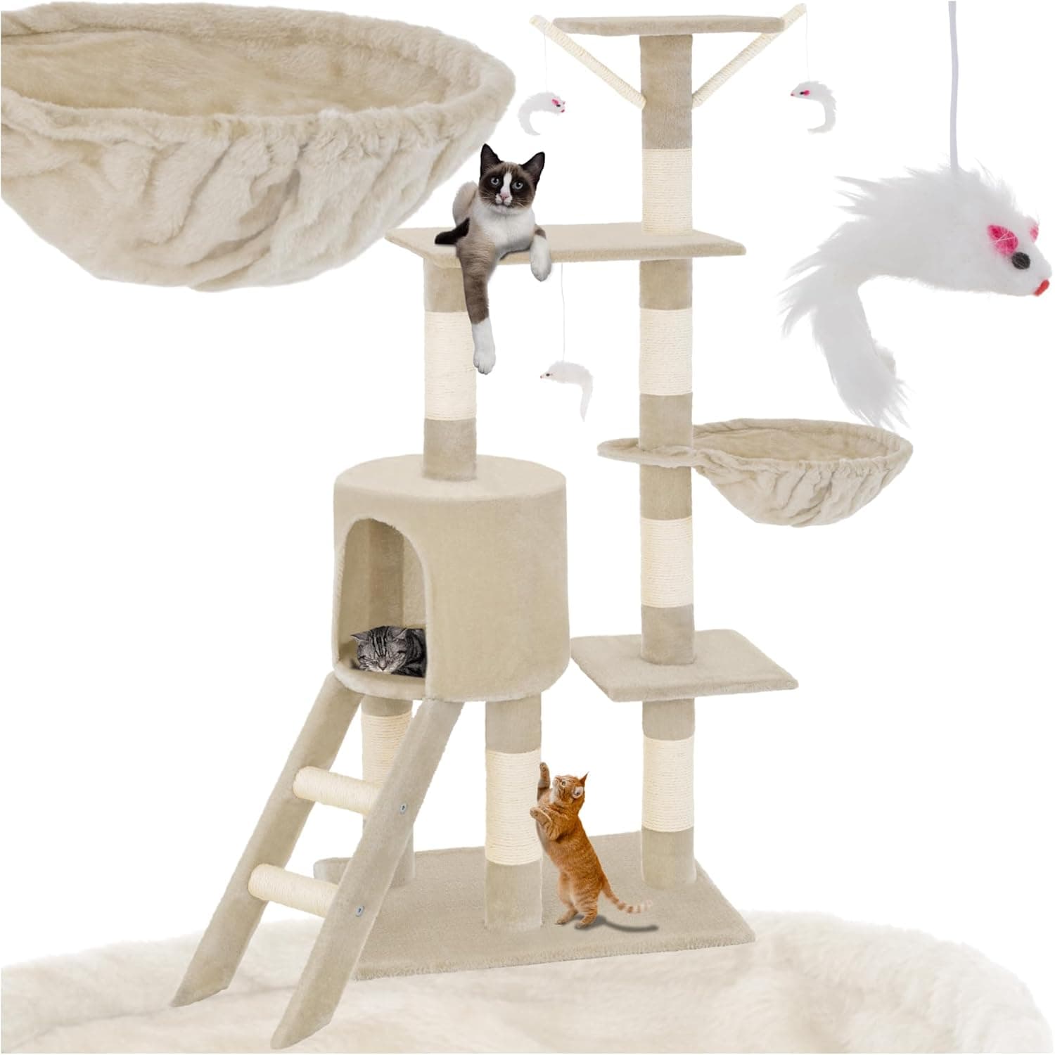 tectake® Árvore de raspador para gatos, raspador de 144 cm, caseta, várias alturas, 3 ratos de brinquedo, ninho, proteção anti-capotagem, estrutura robusta, raspador de gato, brinquedos para gatos