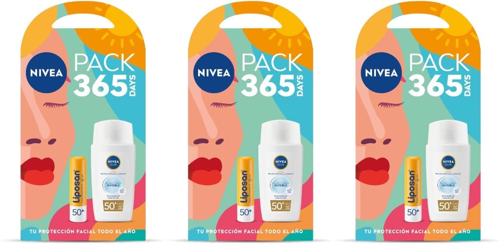 NIVEA SUN Pack 365 dias – Protetor solar facial invisível dermatológico FPS 50 (40 ml) + Liposan Sun Protect FPS 50 (4,8 g) x3