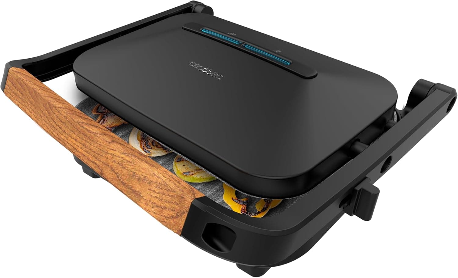 Cecotec Grelha elétrica Rock'Ngrill 1300 Wood B. Potência de 1300 W, design preto, revestimento Rockstone, base antiderrapante, placa flutuante, indicador luminoso, pega de madeira, versatilidade