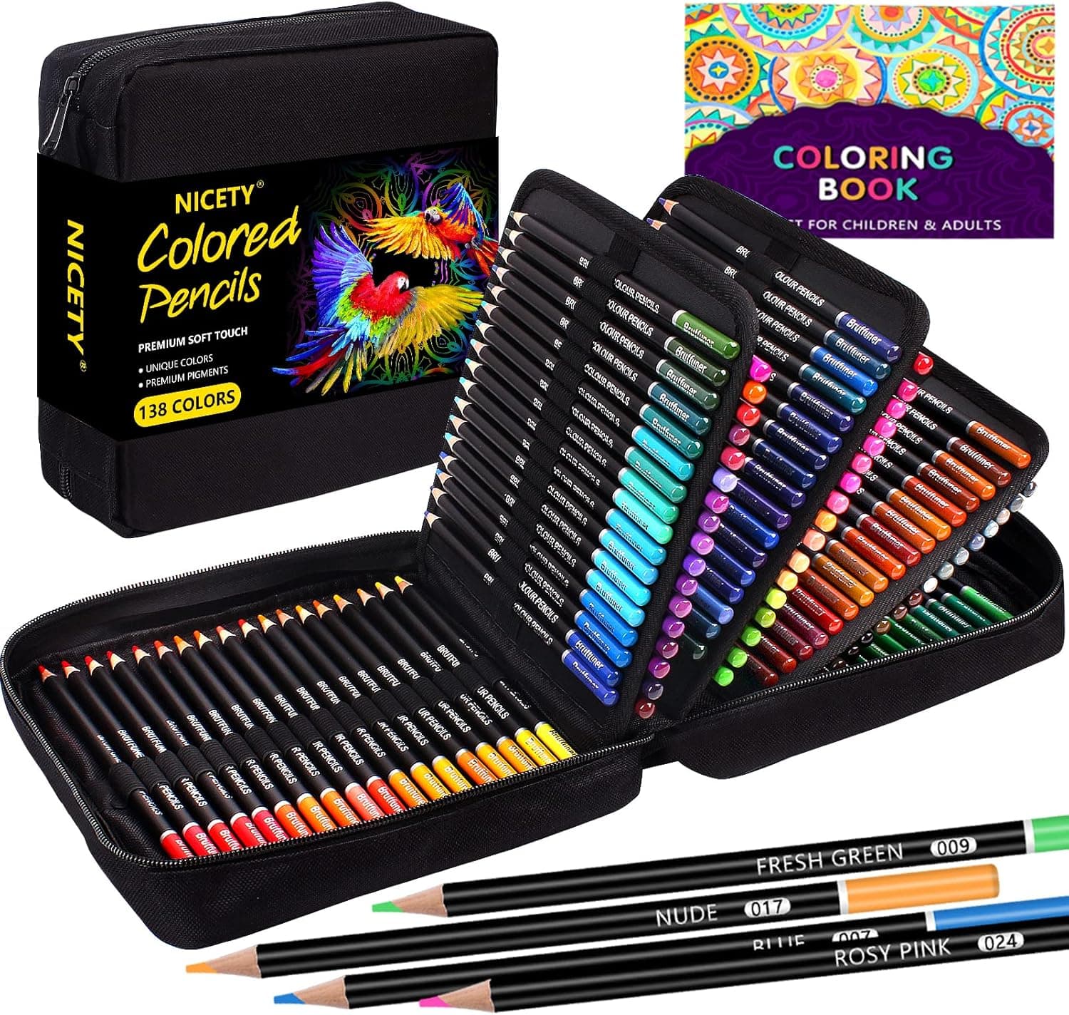 NICETY Lápis para colorir estojo - 138 lápis de cores para adultos artista crianças, lápis profissionais perfeitos para desenhar desenho colorido, em estojo com fecho de correr