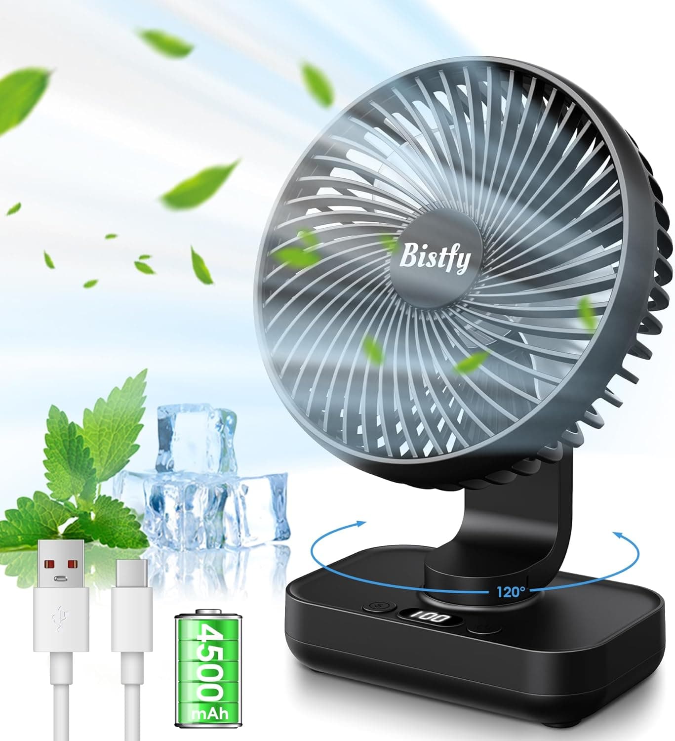 Bistfy | Ventilador de mesa USB silencioso com oscilação de 120°, inclinação ajustável e 4 velocidades, 4500 mAh recarregável